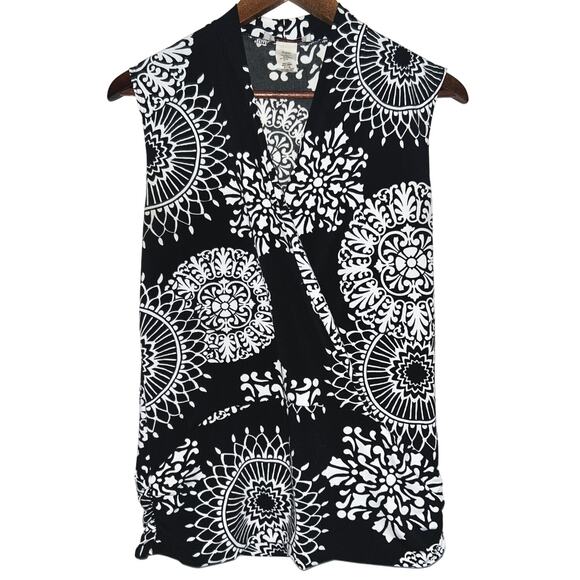SushiFlower Women's Medium Black & White Geometric Sleeveless Faux Wrap Top - Picture 1 of 4